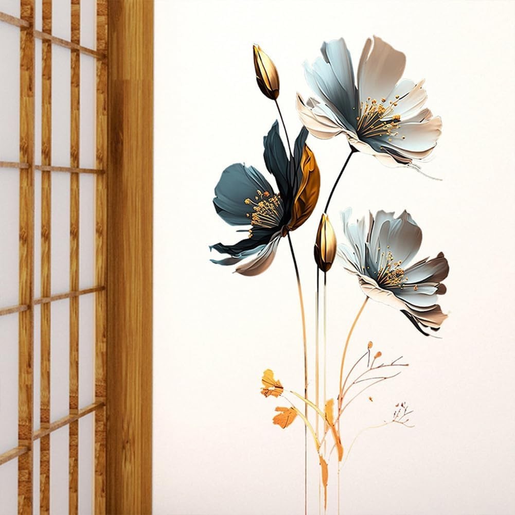 Wall Art Decals Big Flowers Butterfly Wall Stickers Floral Peel & Stick Grey