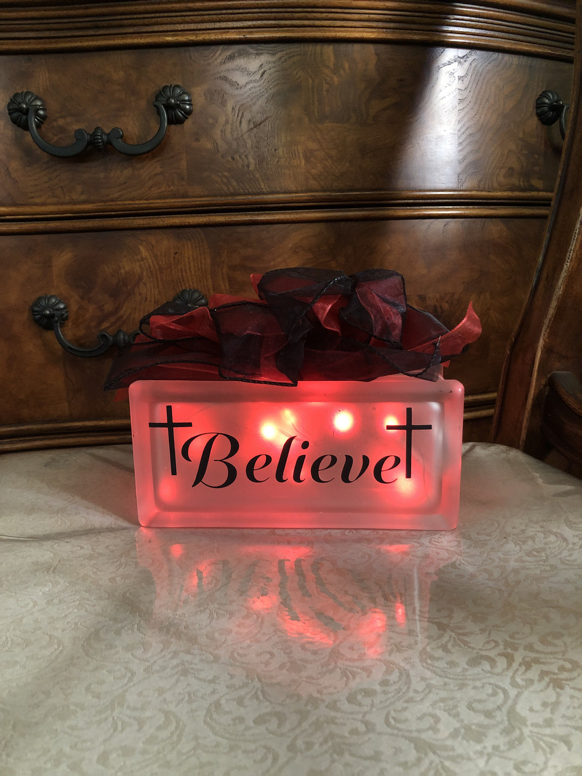 HOME DECOR, LIGHT UP GLASS BLOCK BELIEVE, RED LIGHT, HAND CRAFTED