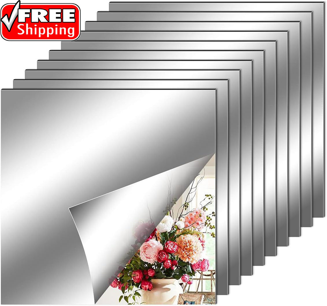10 Pieces Flexible Mirror Sheets, Self Adhesive Decorative Plastic Mirror Tiles