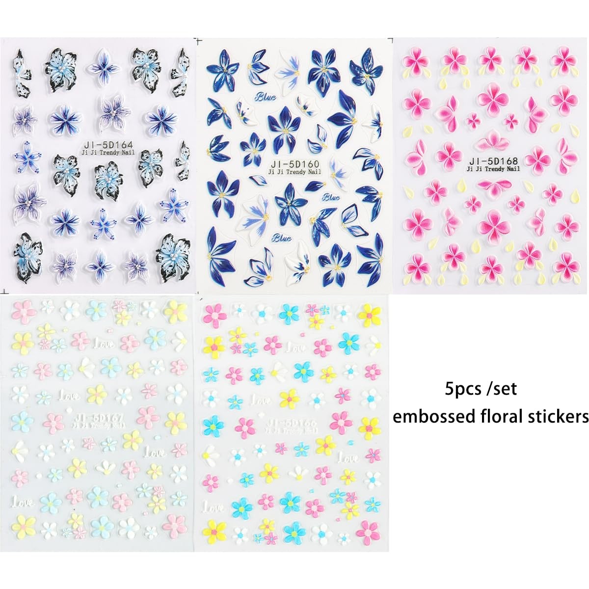 Fspronail 5D Flower Nail Art Stickers 5Pcs Embossed Pink Blue Colorful-01