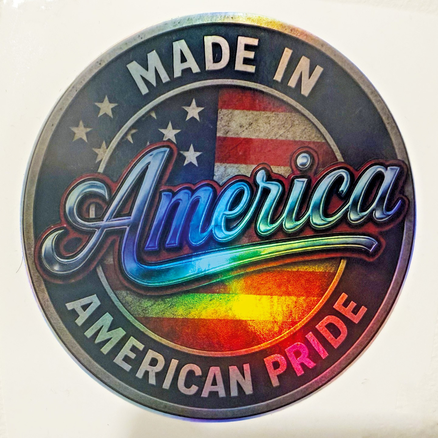 Made in America Sticker – 3.5" Holographic Pride Decal – USA Flag Patriotic Seal