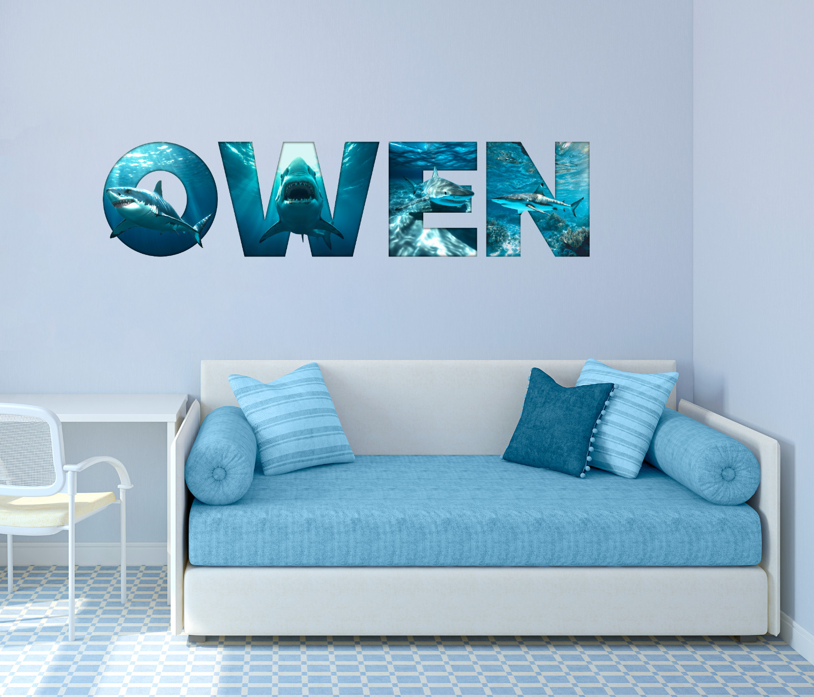 Custom Shark Name Wall Decal Sticker for Kids Bed Room, Boys Great White Decor