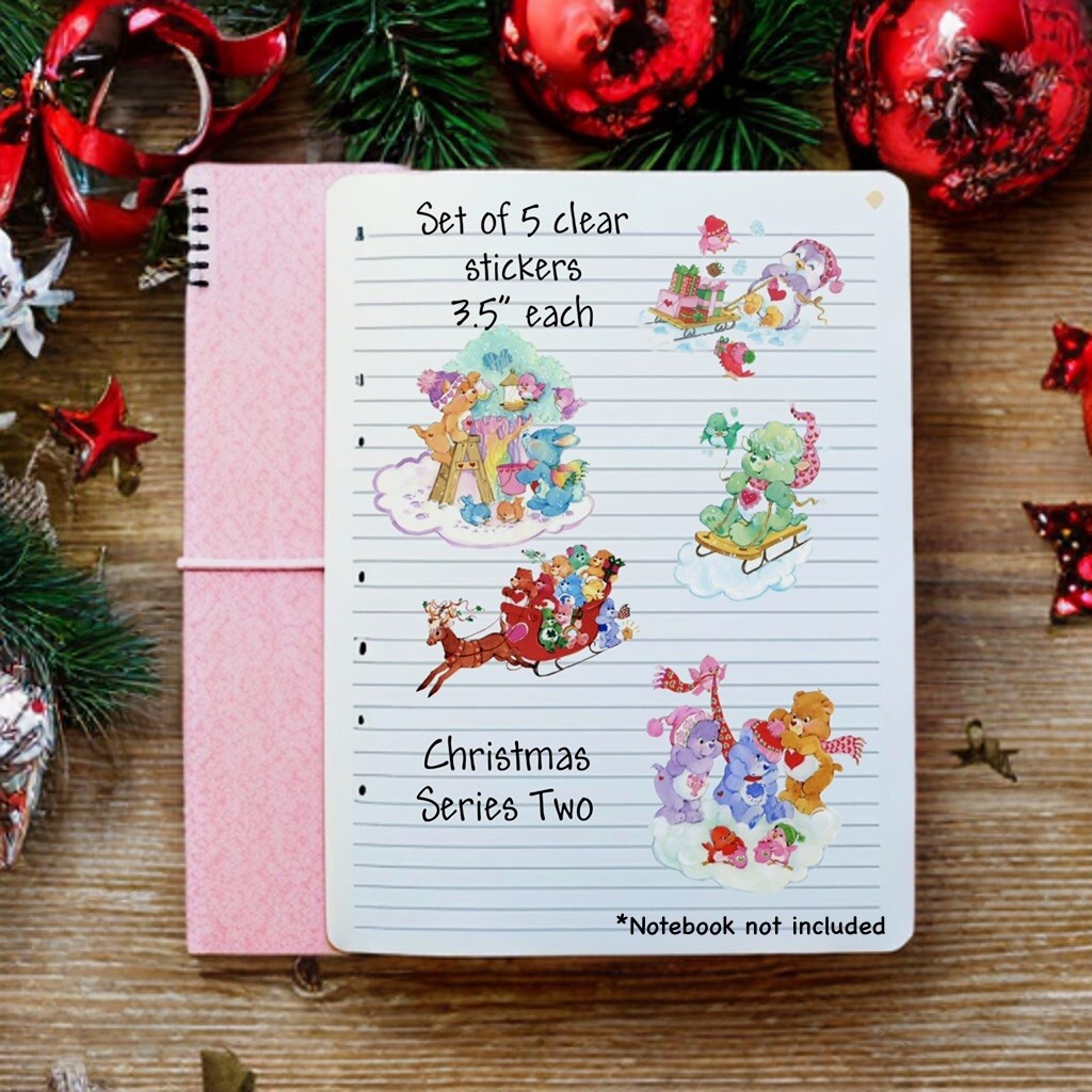 Care Bears Sticker SET OF 5, Clear Decals 3.5” Bear Cousins Christmas Series 2