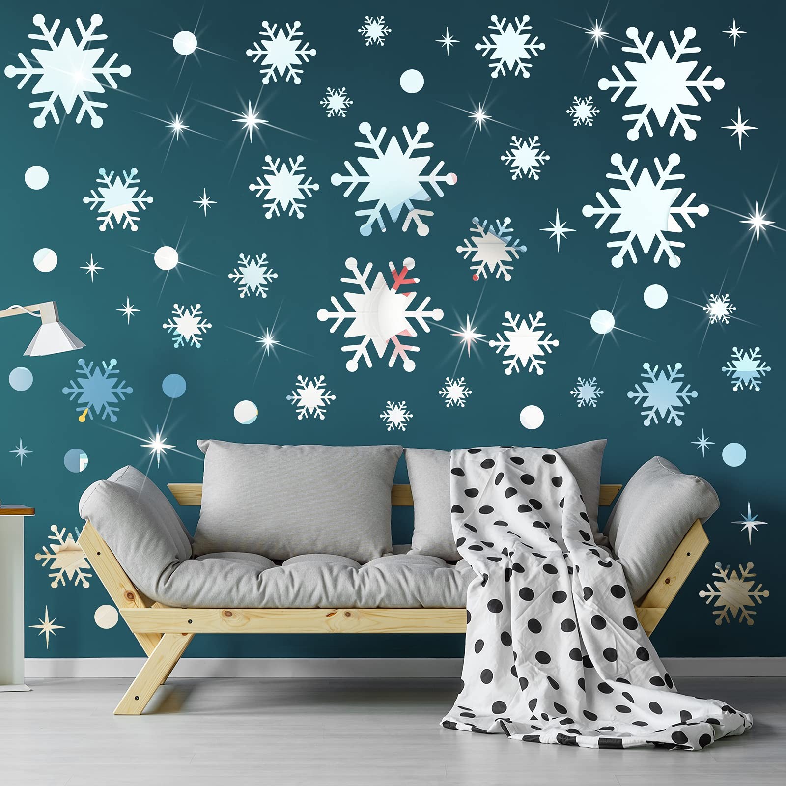 Outus 193 Pcs Christmas Snowflake Mirror Wall Decal Sticker Silver