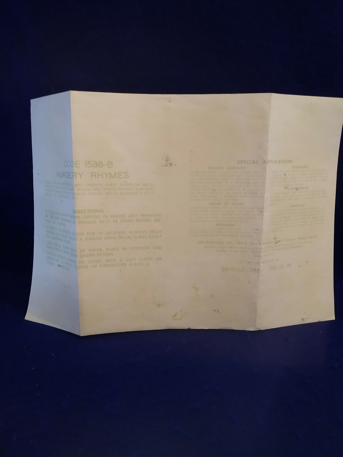 1976 Vintage The Meyercord Co. Decal Transfer 1538-B Unused – SEE PICS