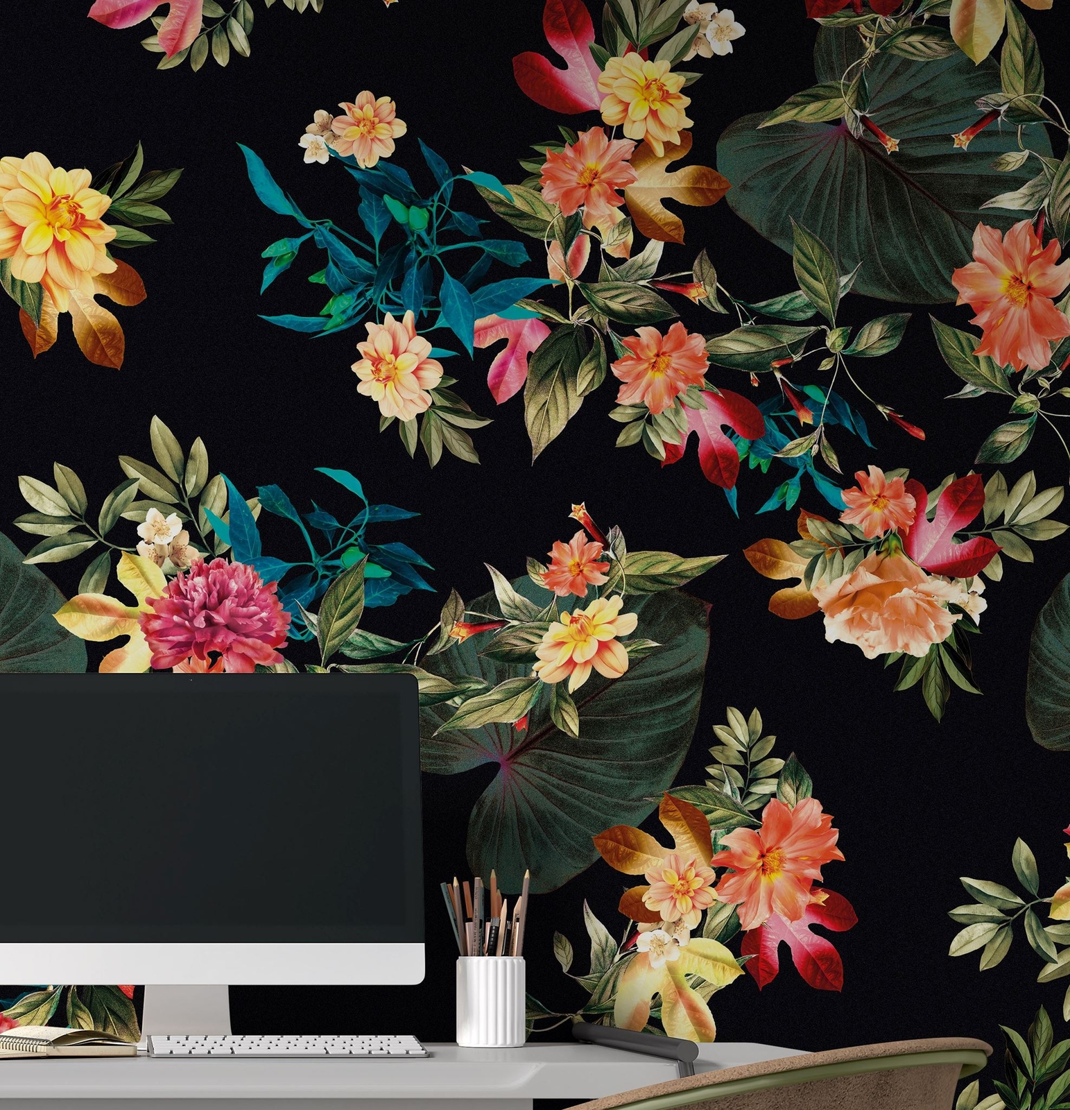 Tropical Flower Wall Mural. Paradise Botanical Flowers and Leave Black Backgroun