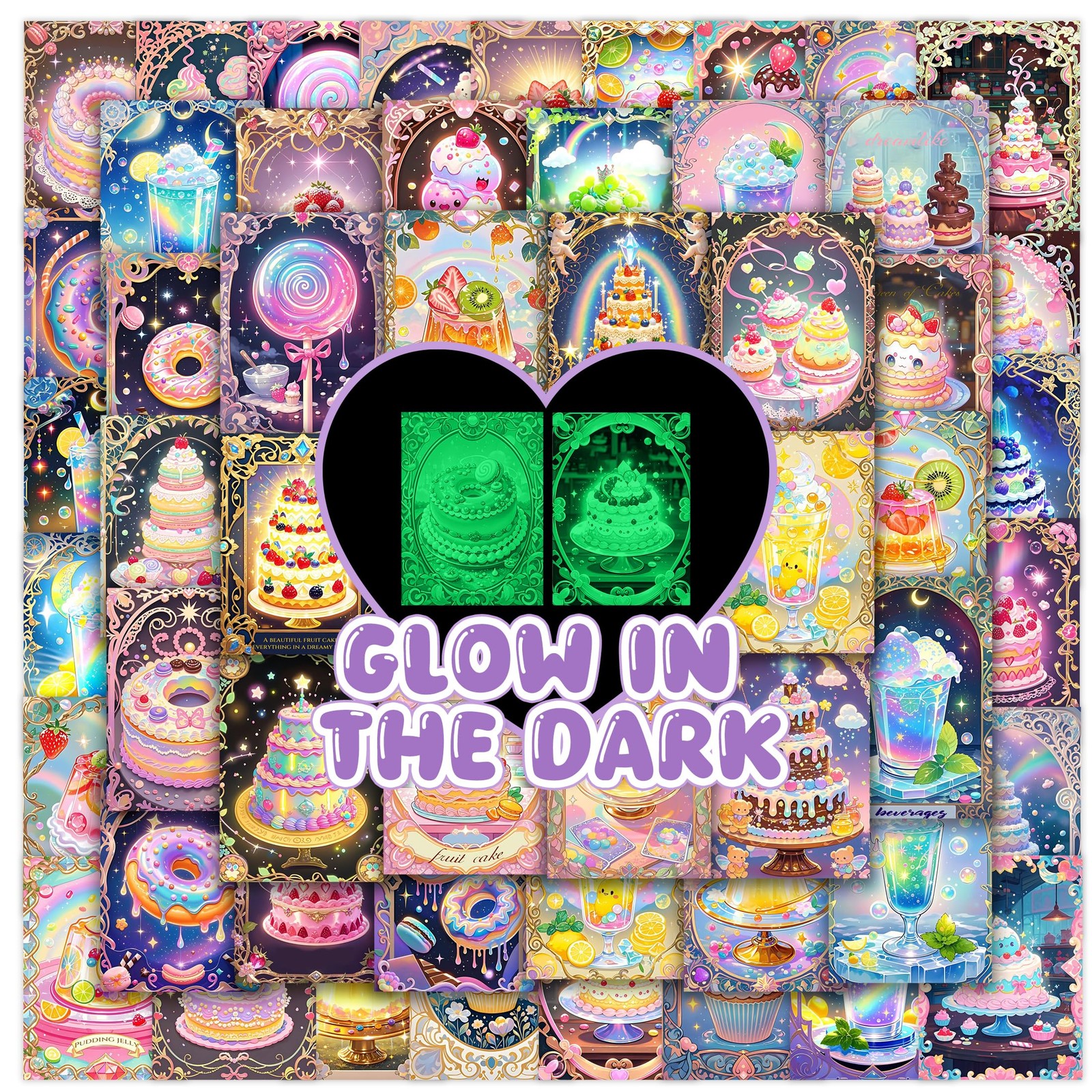 Glow in The Dark Iridescent Cake Dessert Stickers for Kids, Fantasy Cartoon S…