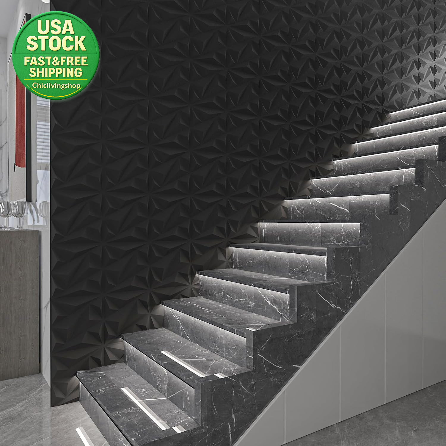 3D Wall Panel Diamond 33 Pack Textured PVC Cover 32 Sq Ft Black 12X12