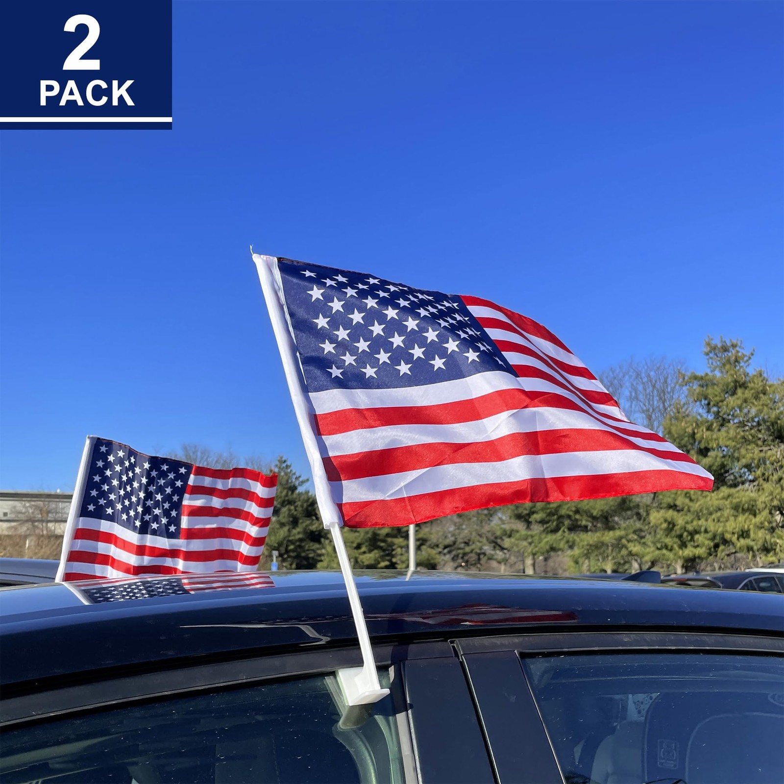 Pack of 2 US American Car Flag with Window Clip 17" x 12"