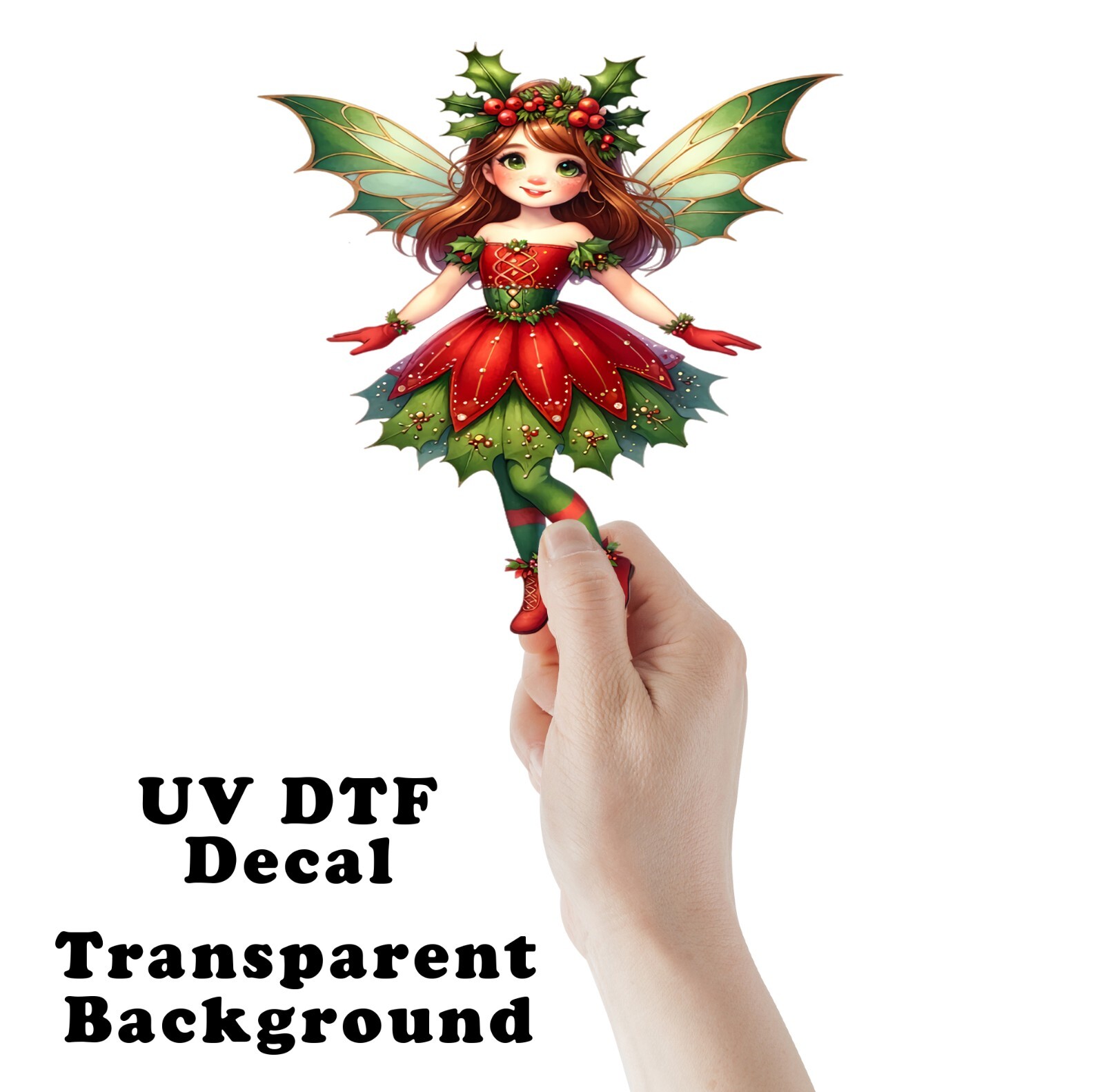 Christmas Holly Fairy UV DTF Transparent Sticker / Decal