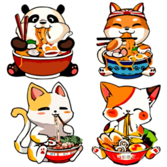 4pc Set Die Cut Cuties Eating Noodles Full Color Easy To Apply Vinyl Stickers