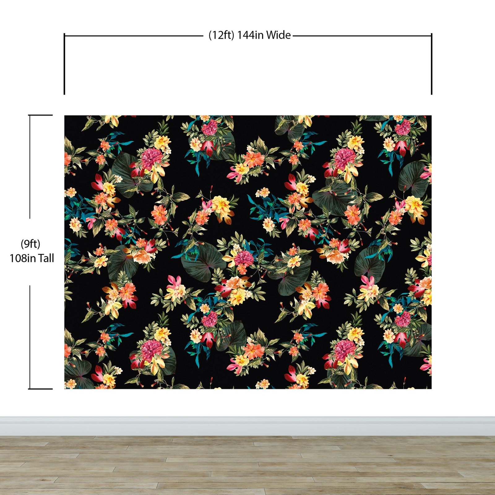 Tropical Flower Wall Mural. Paradise Botanical Flowers and Leave Black Backgroun