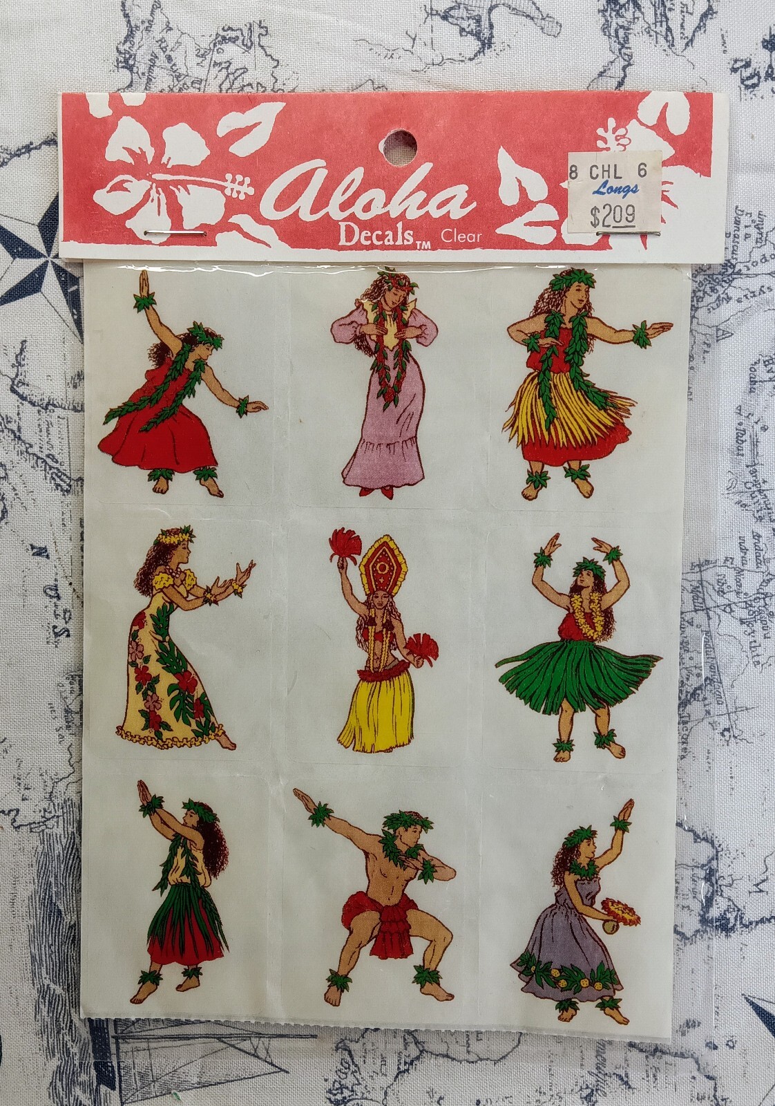 Vintage Stampettes Aloha Decals Hawaiian Hula Clear Sheet of 9 New NOS