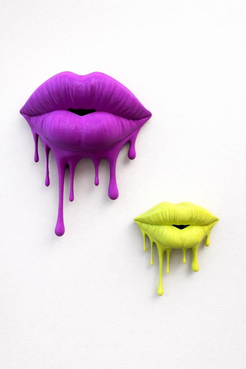3D Effect Pop Art Lips Wall Decal, Purple & Yellow Dripping Lips Wall Decor