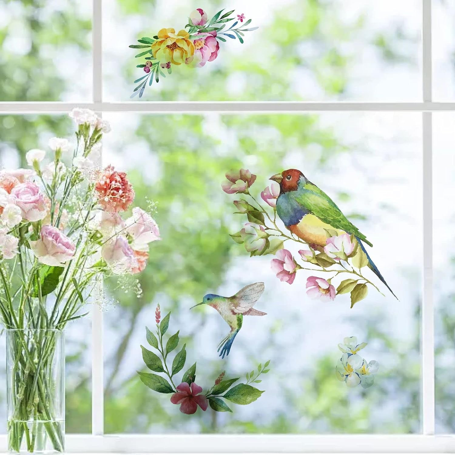 8 Sheets Wall Decals Hummingbird Flowers Butterfly Window Stickers