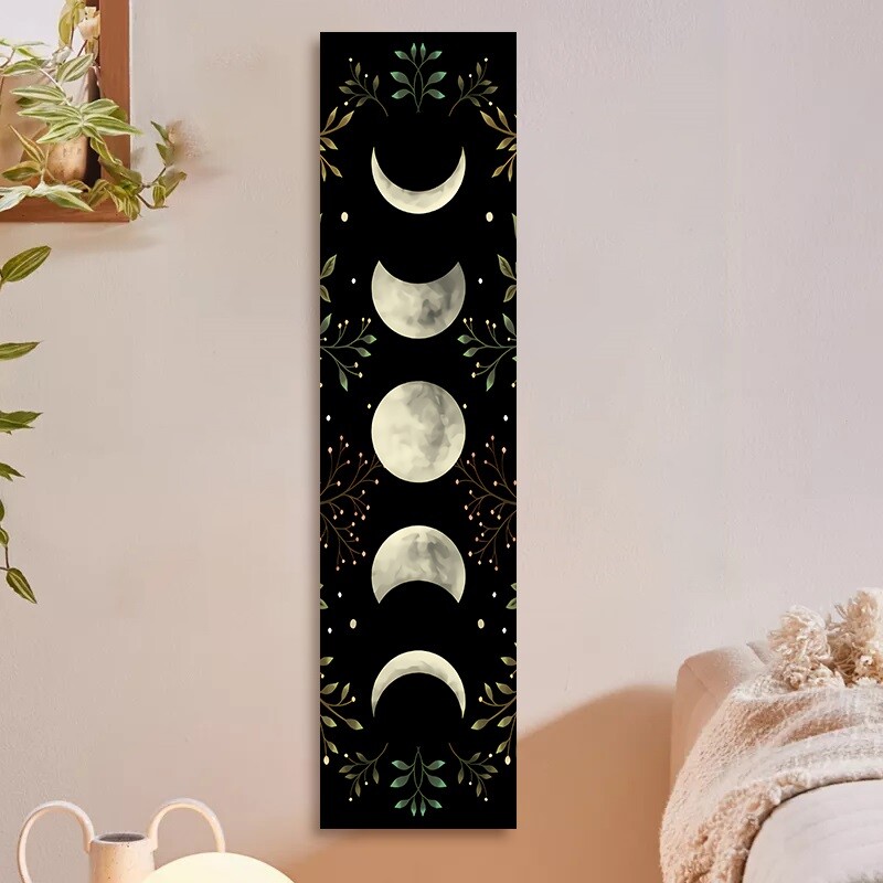 Vintage Moon Phase Wall Hanging Tapestry Mooonlight Green Olive Leaf Black Tapes