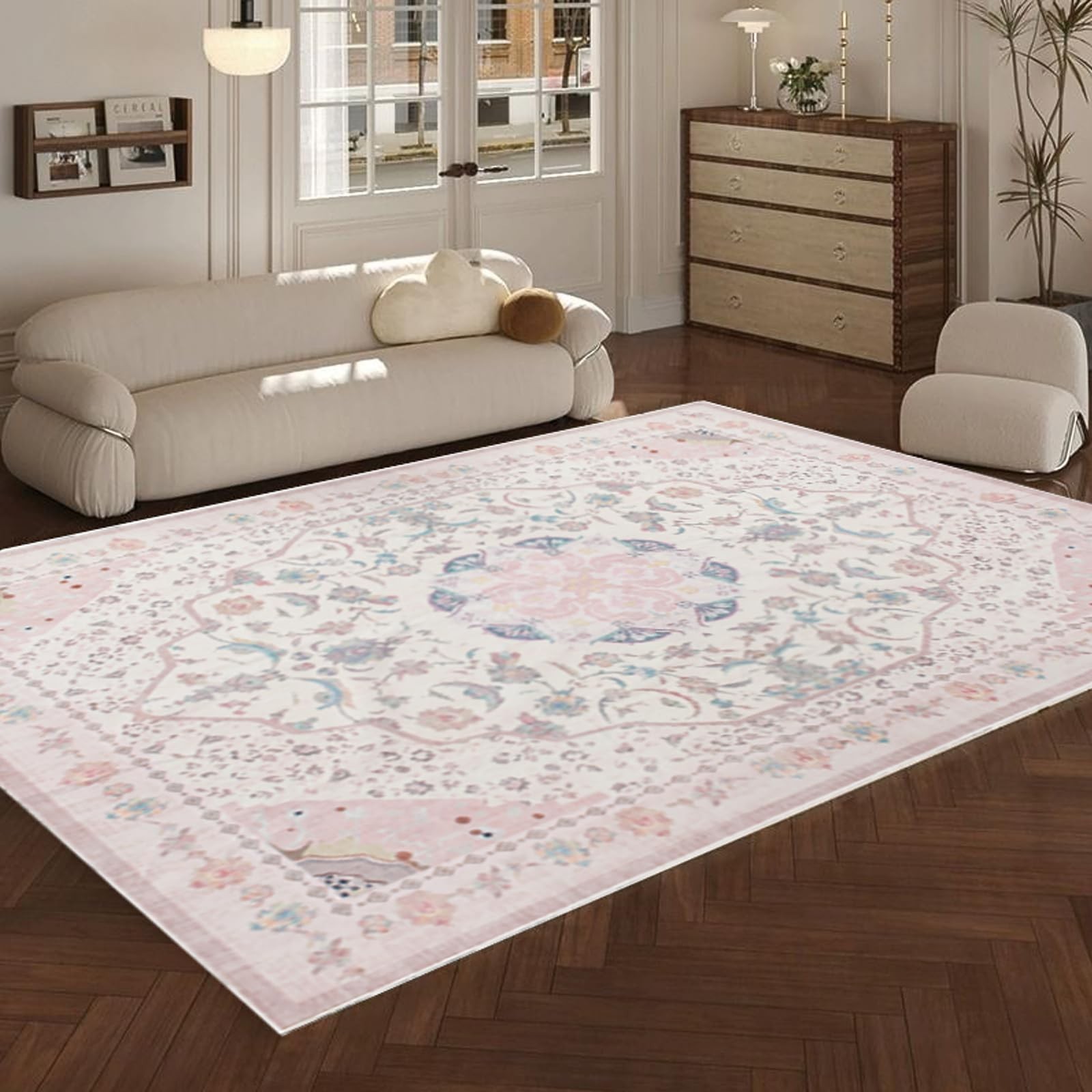Area Rug – Vintage 5×7 Non-Slip Backing Area Rugs Light Pink Soft Faux Wool C…