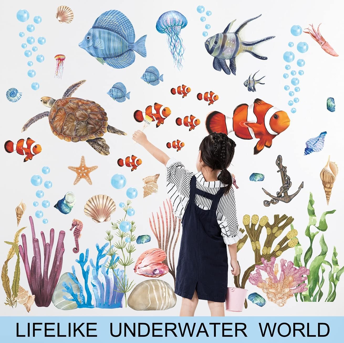 3D Ocean Wall Stickers Under The Sea Decals 12 inch x 18 inch, Blue
