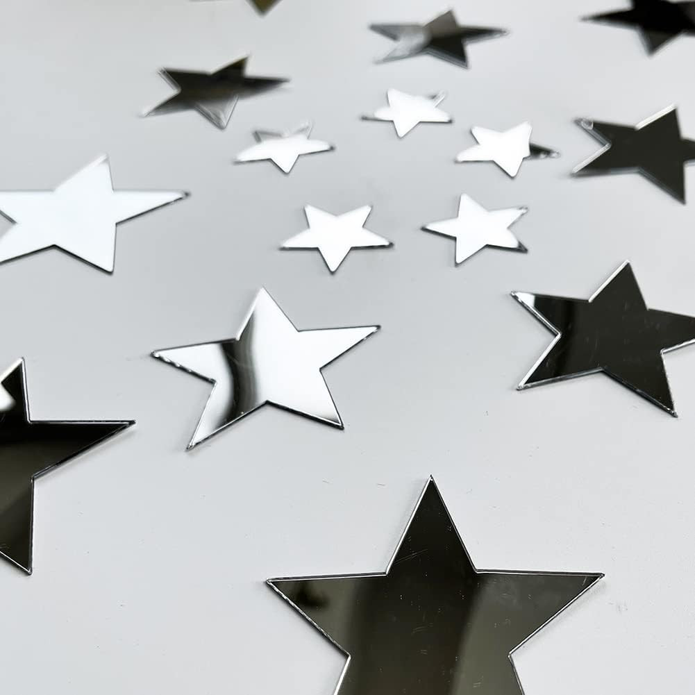 40Pcs Silver Stars Acrylic Mirror Wall Stickers with Adhesive Art Decal Satin…