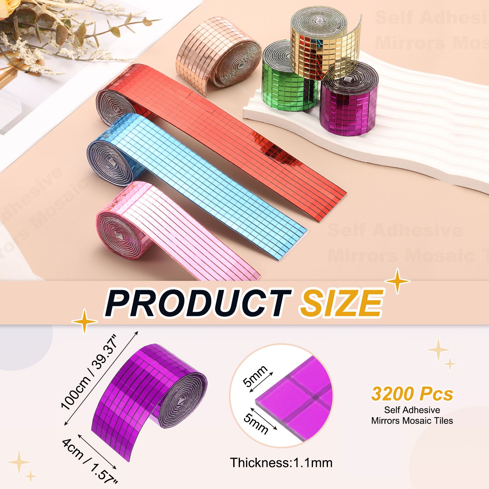 5x5mm Self Adhesive Mirrors Mosaic Tiles, 3200 Pcs Mosaic Sticker, Rose Red