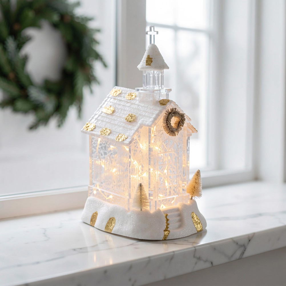 White LED Christmas Church House Lantern for Entryway Or Tabletop