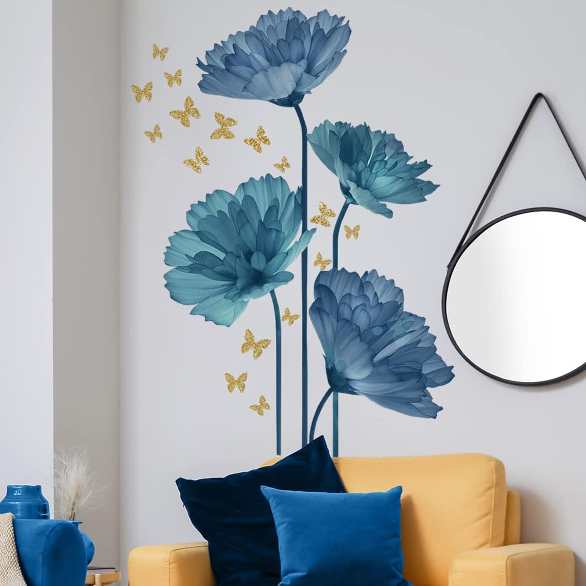 Large Blue Flower and Butterfly Wall Decals for Home Decor
