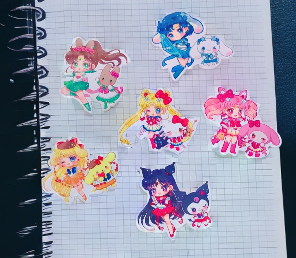 Sailor Moon x Sanrio Sticker SET OF 6, Clear Decals 3.5” Hello Kitty Kuromi