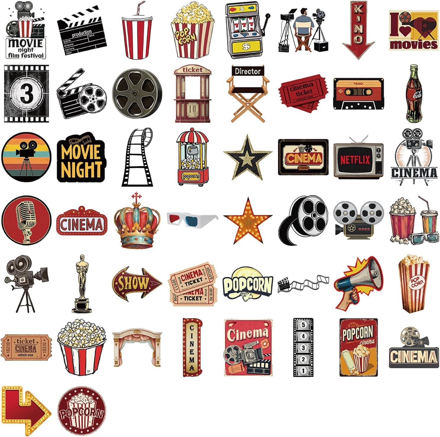 50PCS Movie Night Stickers Retro Cinema Vinyl Decals for Phone Laptop