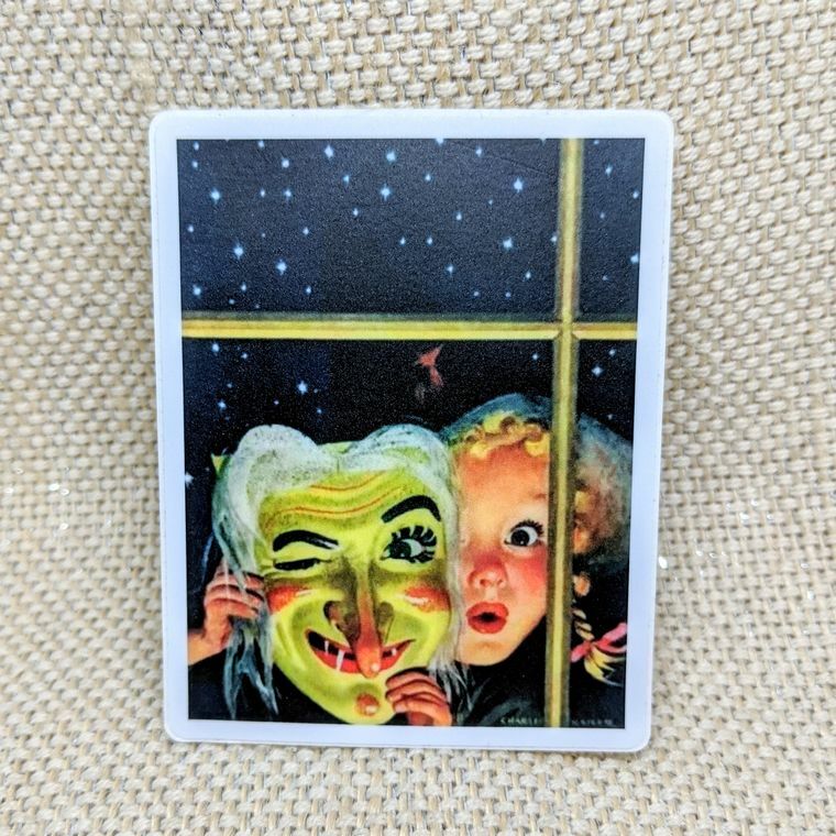Vintage Halloween from the Window Girl Mask Vinyl Sticker 3" Fade Resistant