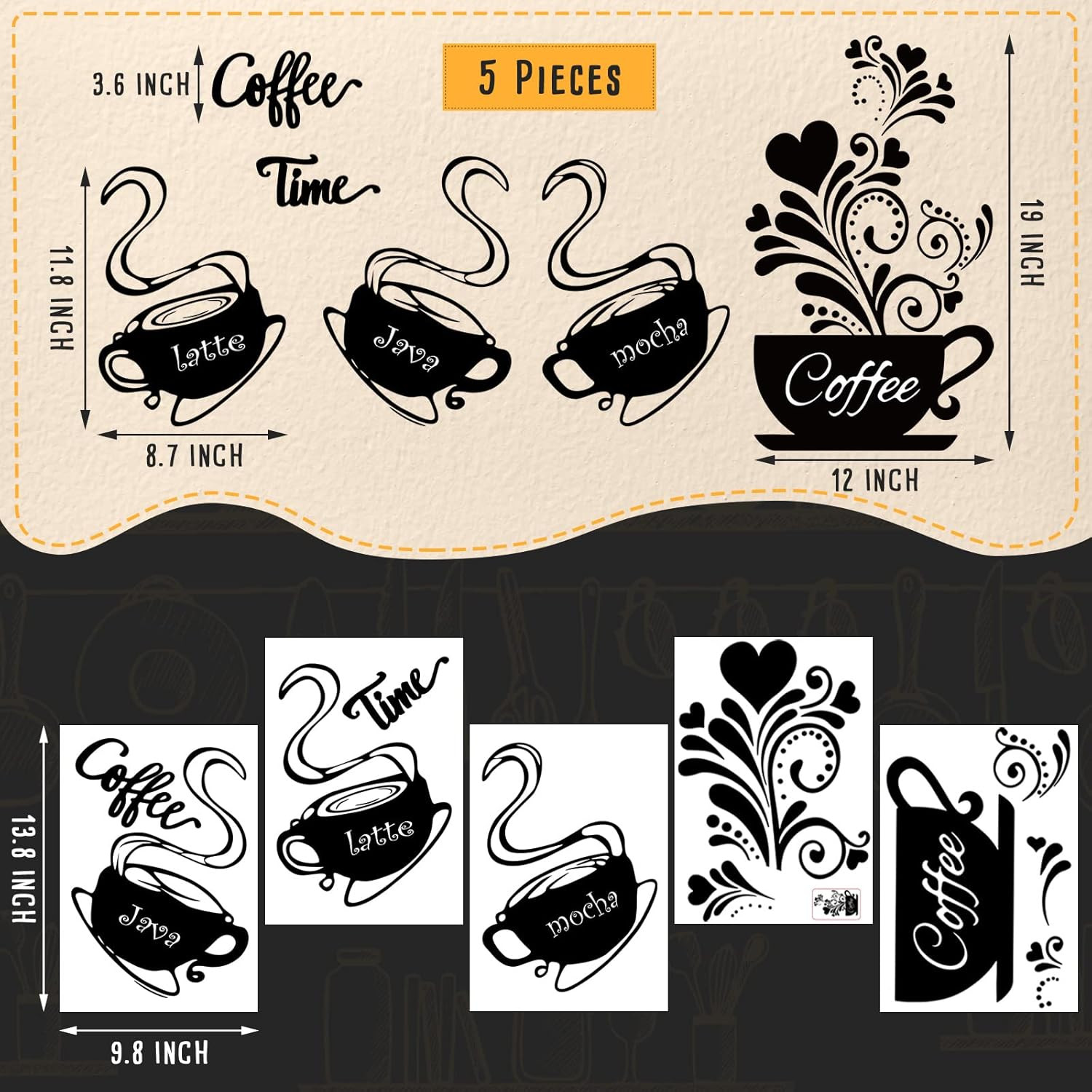 5 Pieces Coffee Cup Wall Stickers Kitchen Wall Decals Black Coffee Mug Latte Jav