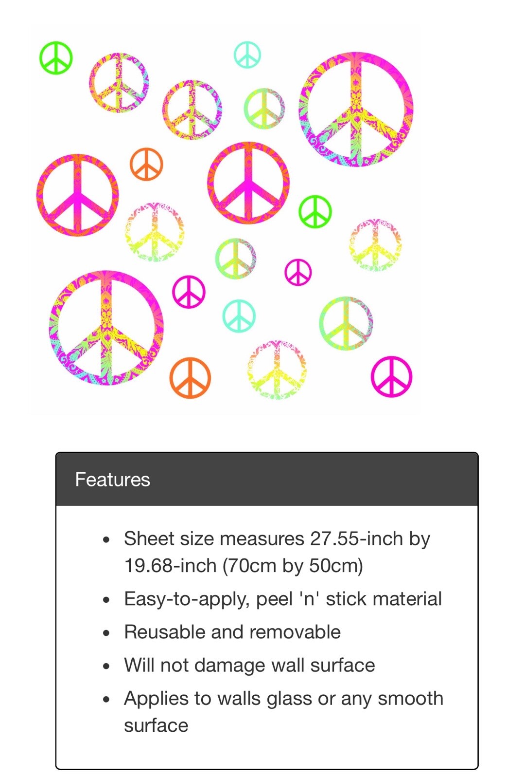 DCWV Decal Wall Art Peace Signs, Girls pink room, Peel-Stick, Multicolor
