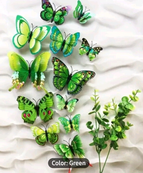 3D Magnetic Butterfly Wall Sticker Reusable PVC 12 Pack Green Butterflies Asst