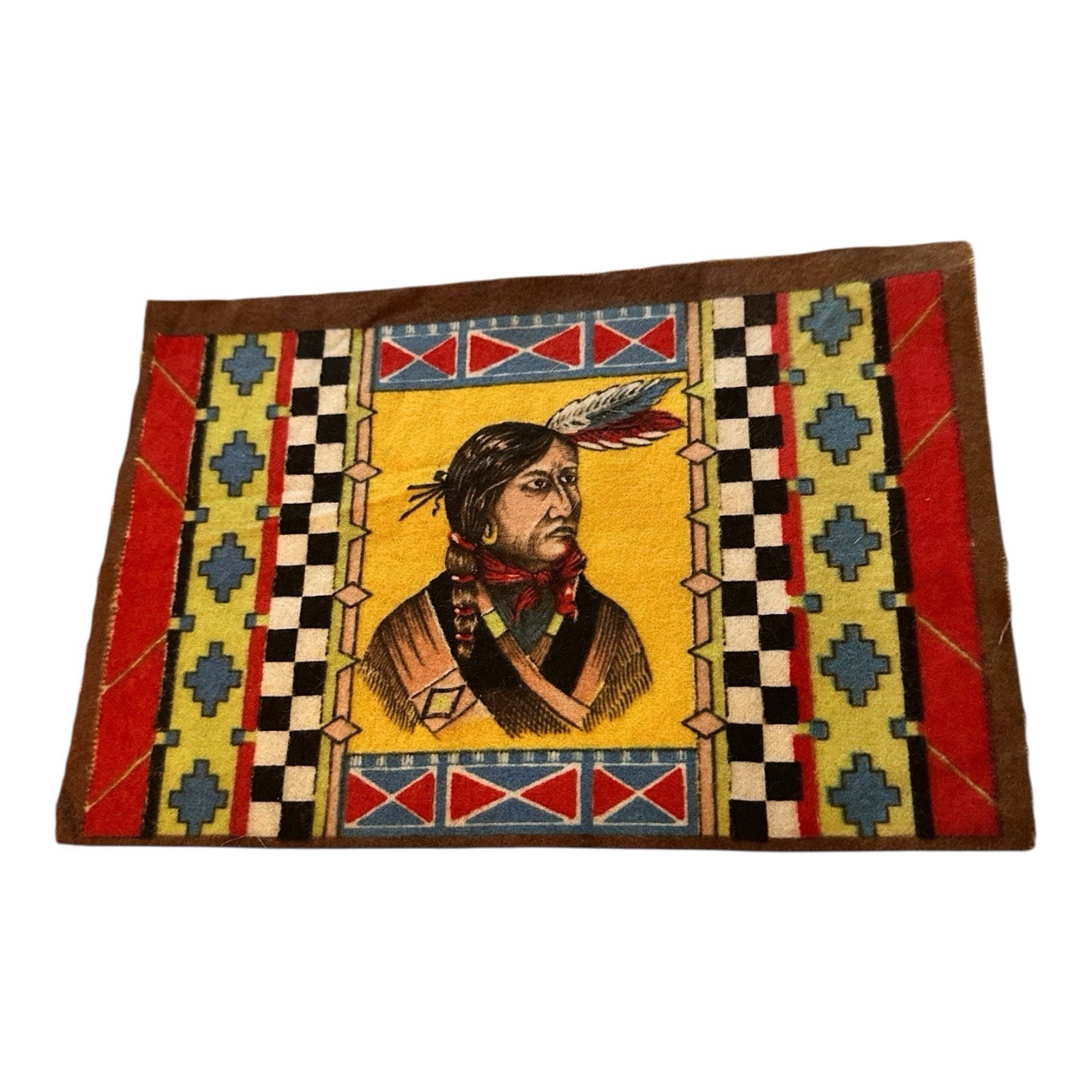 (1) Rare B12 1910s Tobacco Felt – Native Chief, Checkered Border & Bold Yellow