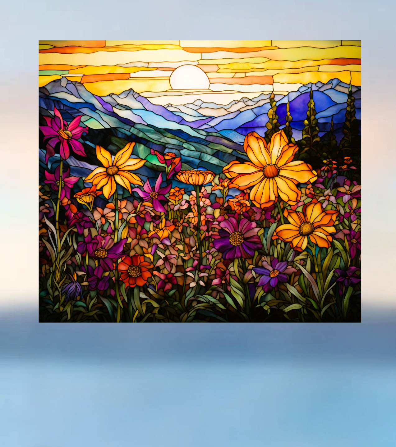 Wildflowers, Mountains & Sunset Faux Stained-Glass WINDOW CLING Size 9.1" Vinyl