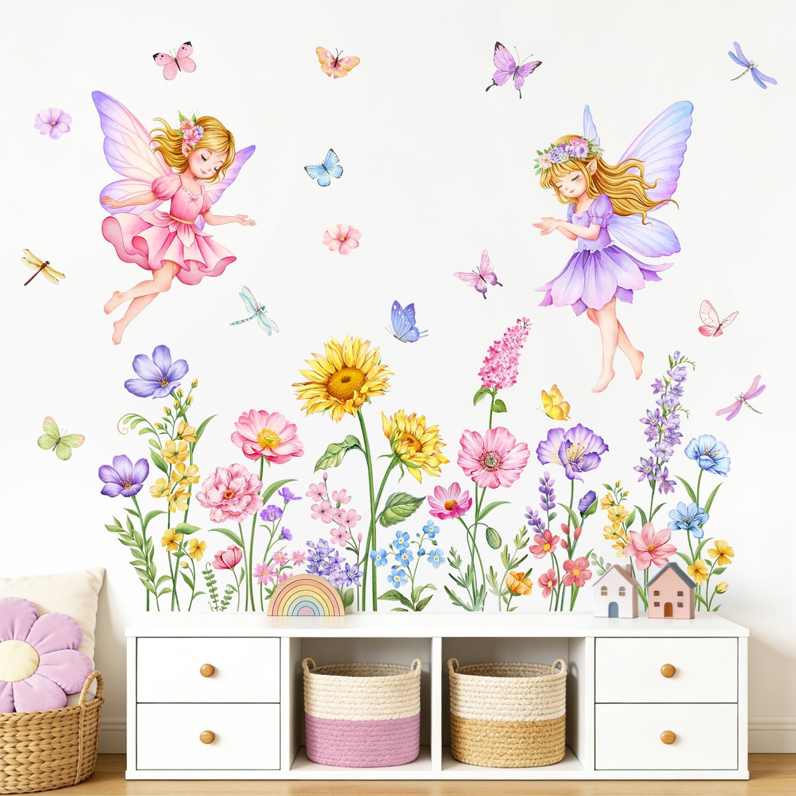 Flower Fairy Wall Decals Flying Elves Garden Floral Butterflies Wall Art Stic…