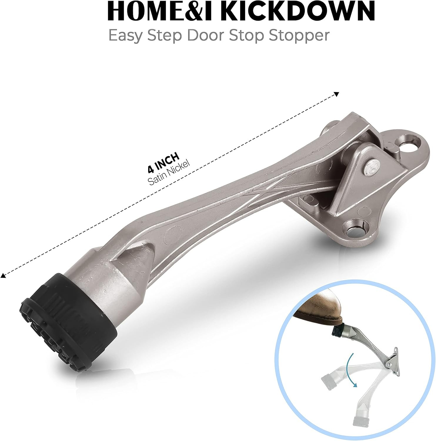 Kickdown Door Stopper,4-Inch Door Holder Kick Door Kickstand Rubber Foot (Black,
