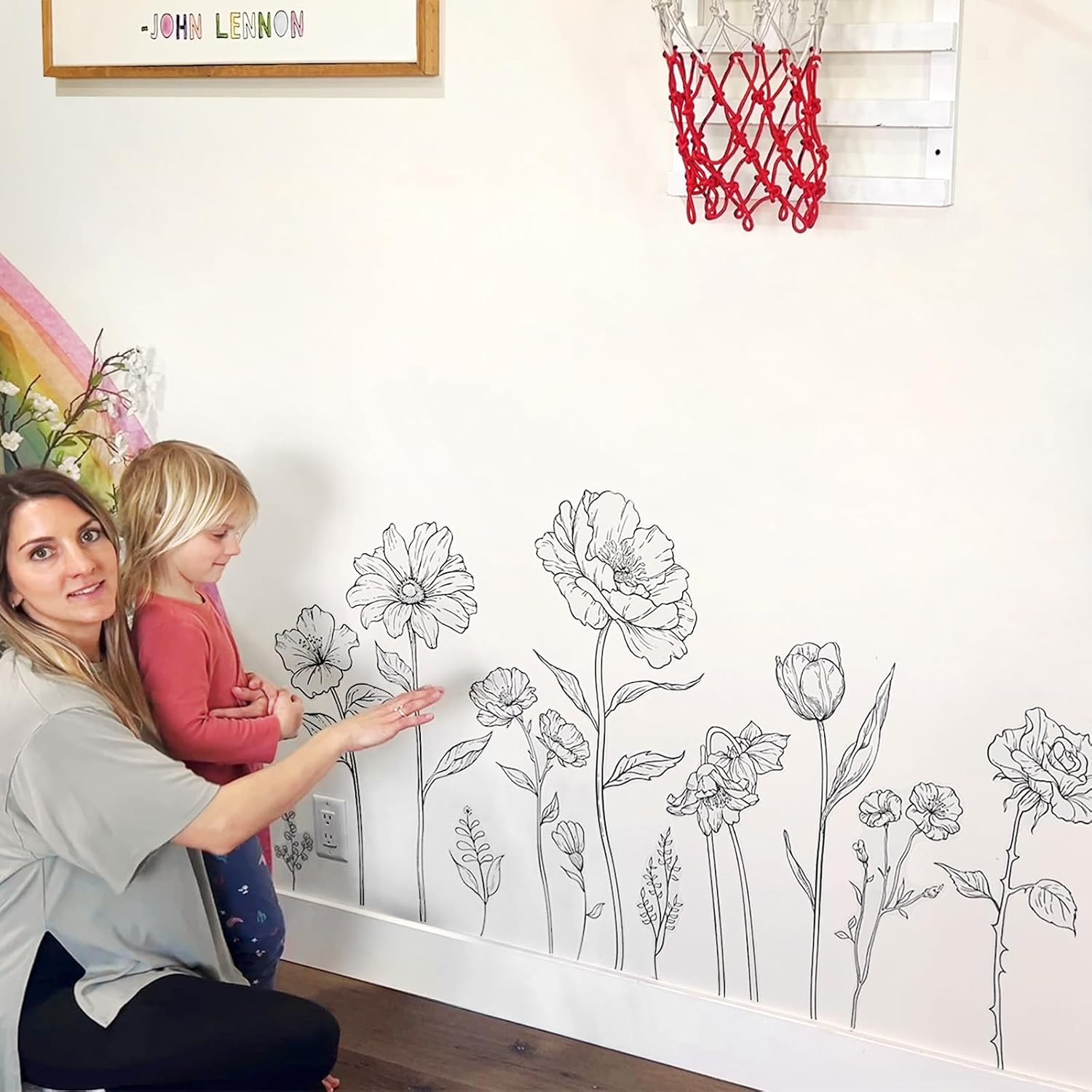Large Black Boho Flower Wall Decals, 3 Sheets Simple Sketch Floral Wall