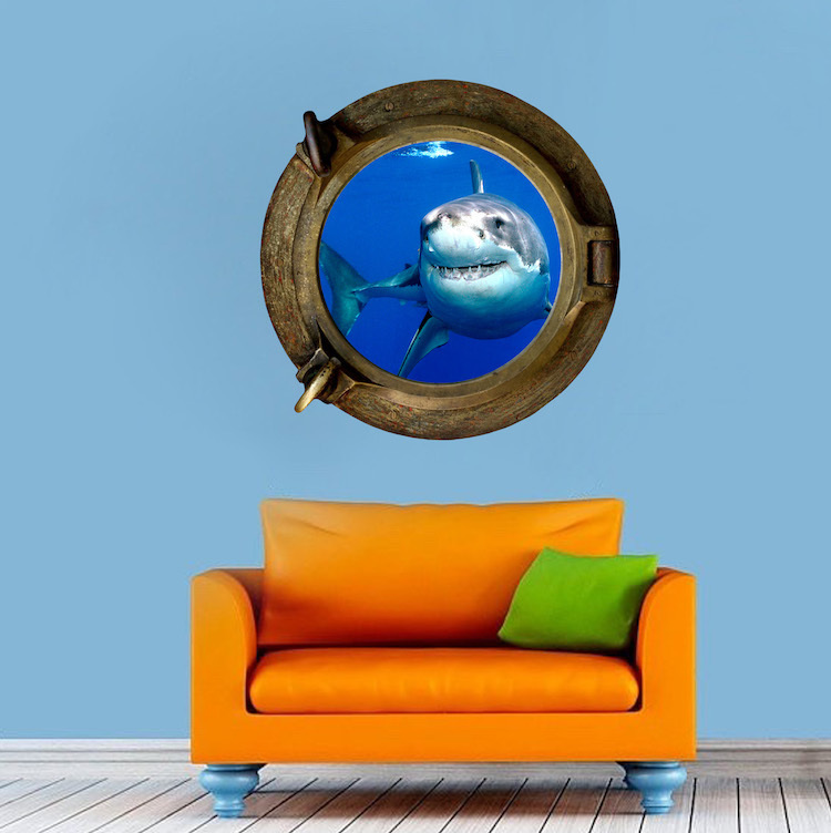 Shark Porthole Wall Decal Mural Ocean Creatures Vinyl Great White Sea Fish, a03