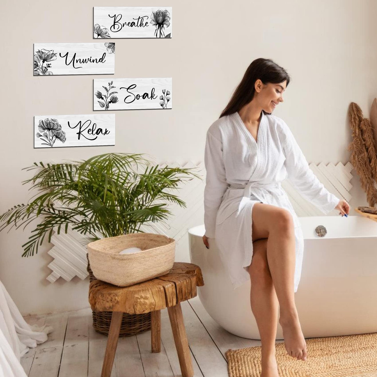 4 Wooden Wall Art Plaques – Large Bathroom Decor for Home Spa & Laundry black