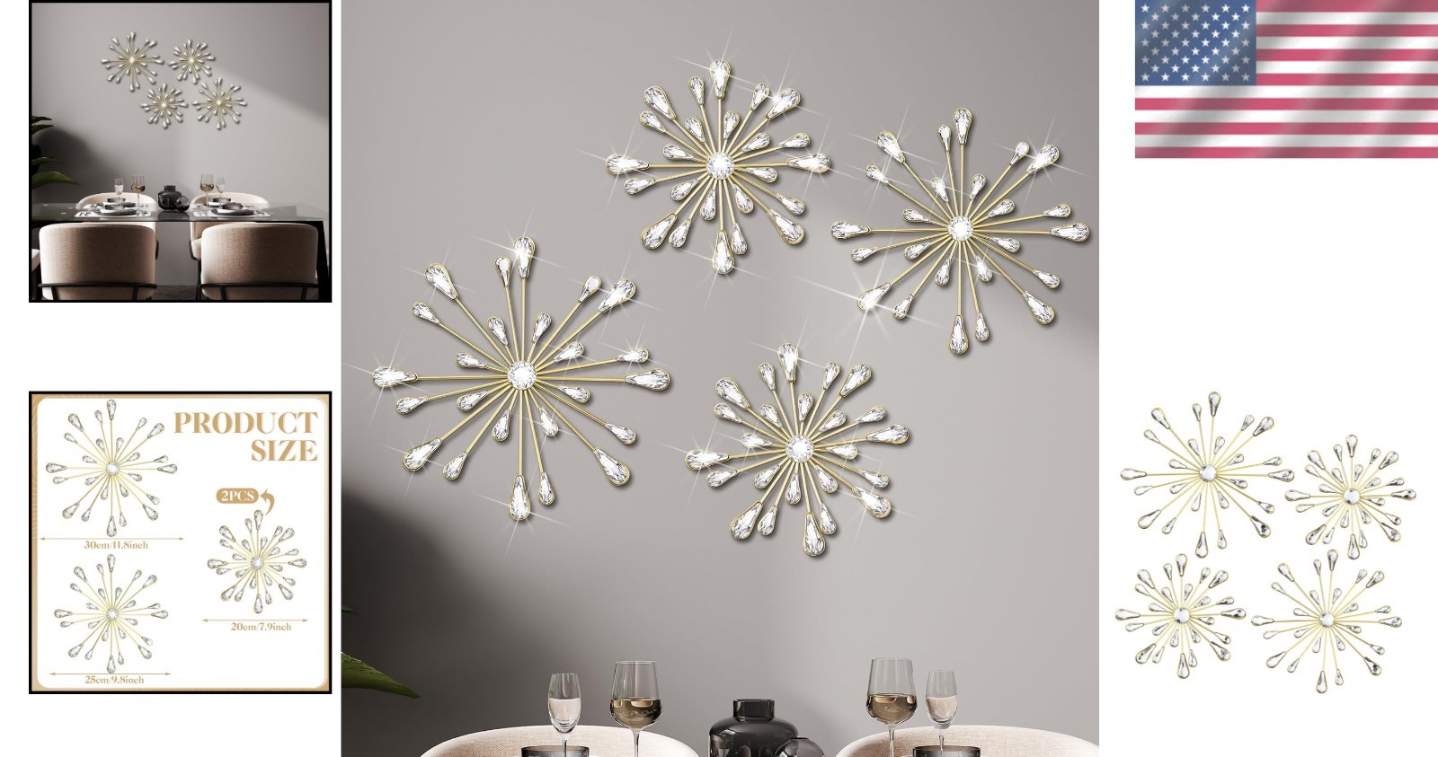 Elegant 3D Hanging Gold Starburst Wall Art – 4 Pieces for Stunning Décor