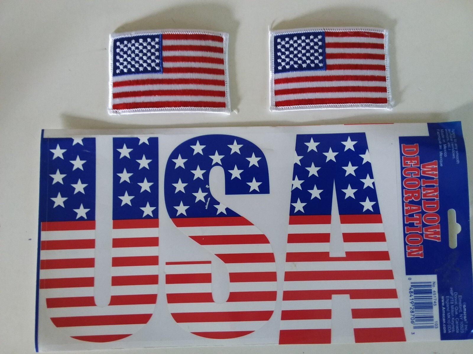 Patriotic USA Letters Static Window Stickers Decals + 2 Flag Patches 4th of July