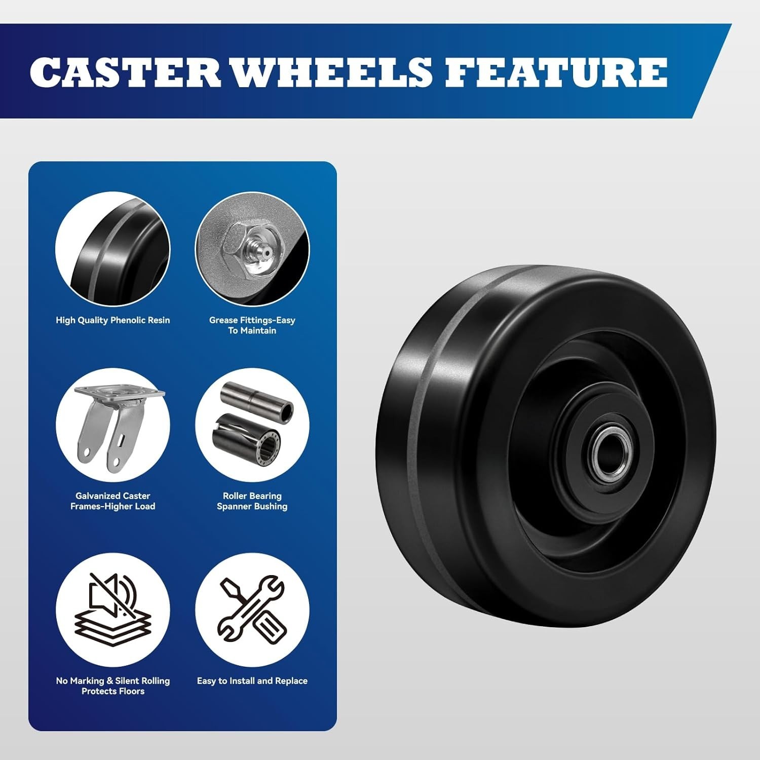 Set of 4 Heavy-Duty 5×2 Caster Wheels, Phenolic, 4000 LB Capacity, Temp -50F to