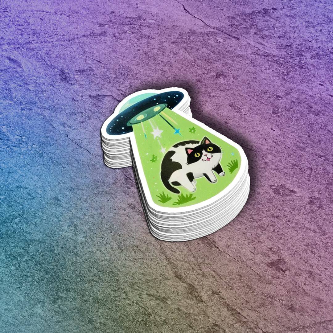 Funny Vinyl Sticker: Kitty Abduction, Cute Cat Decal, Meow, UFO, Flying Saucer