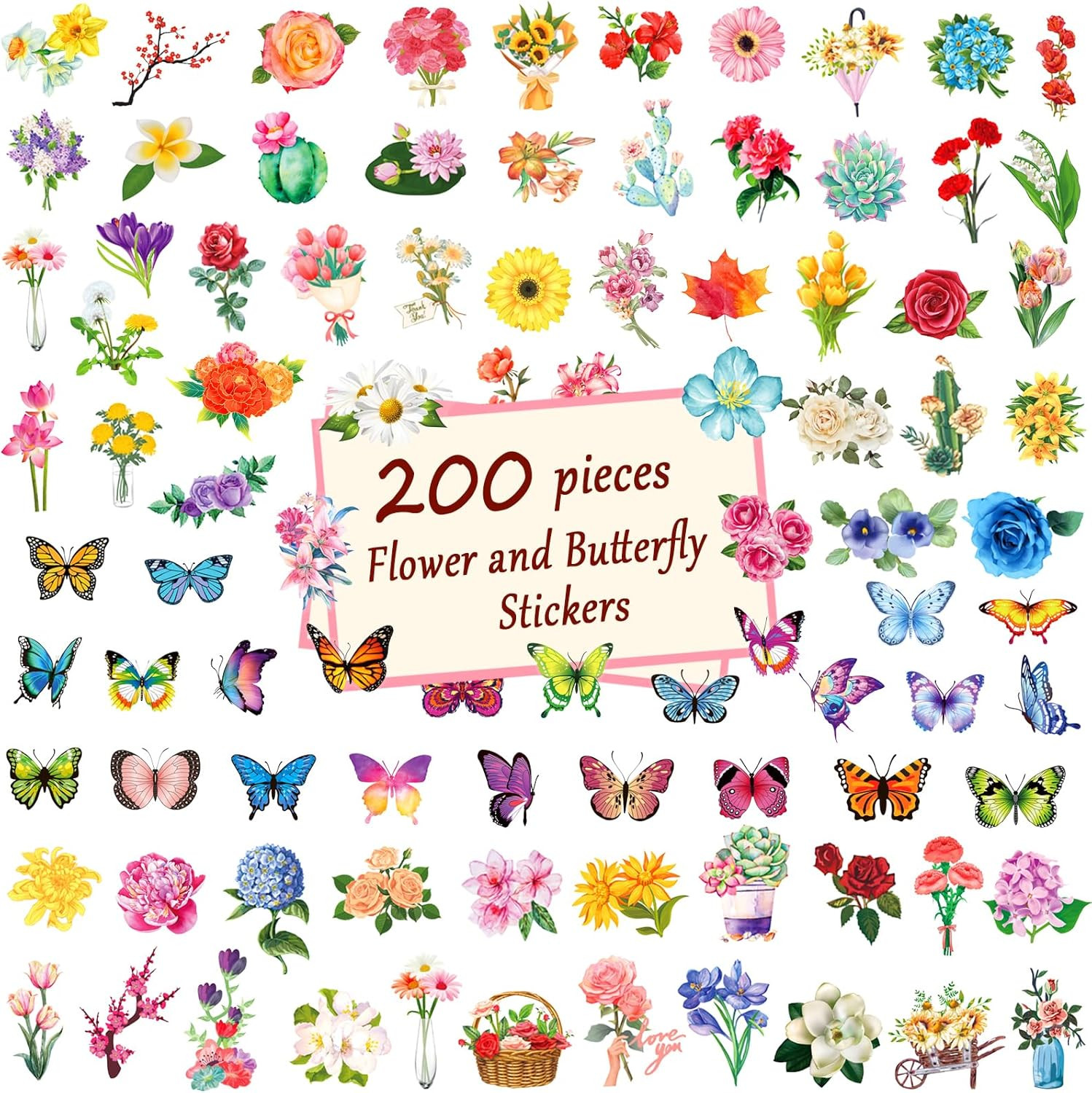200Pcs Transparent Flower Butterfly Stickers, Aesthetic Nature Floral Decals …