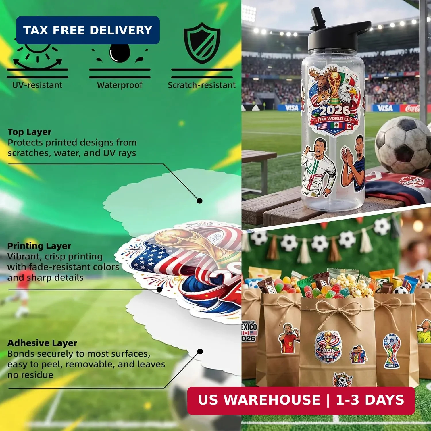 150Pcs Soccer Stickers Vinyl Waterproof Non-Repeating for Boys Girls Teens Adult
