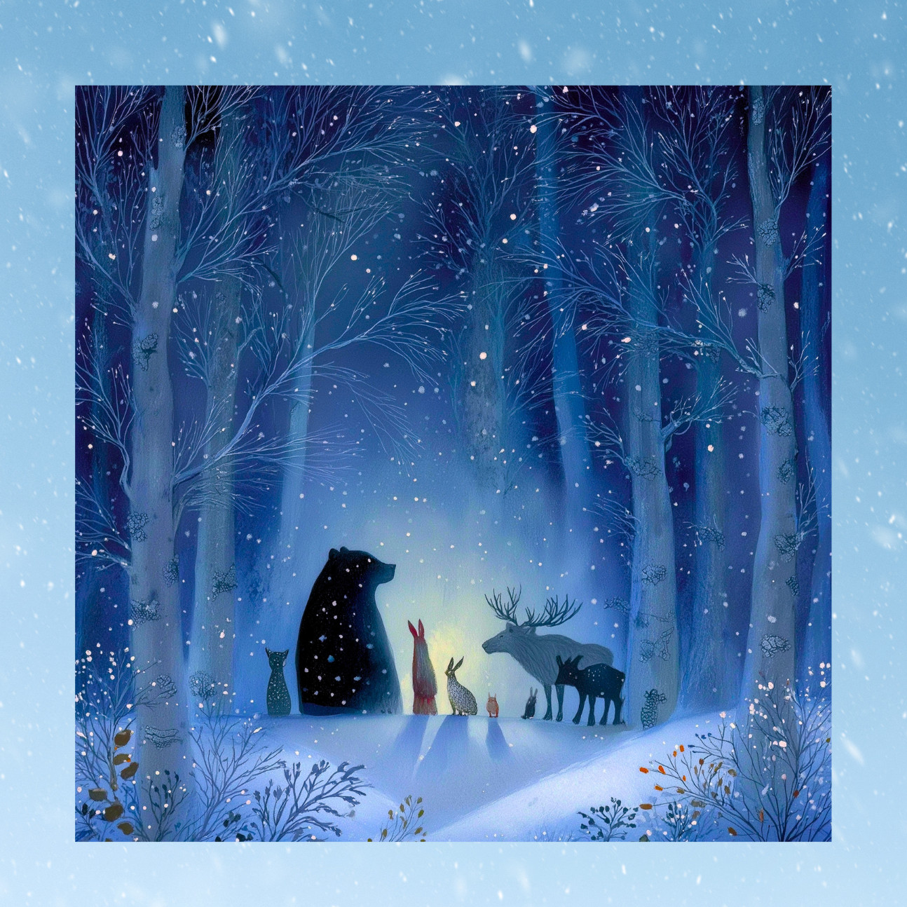 Woodland Animals on Snowy Winter Night WINDOW CLING Size 8" Vinyl