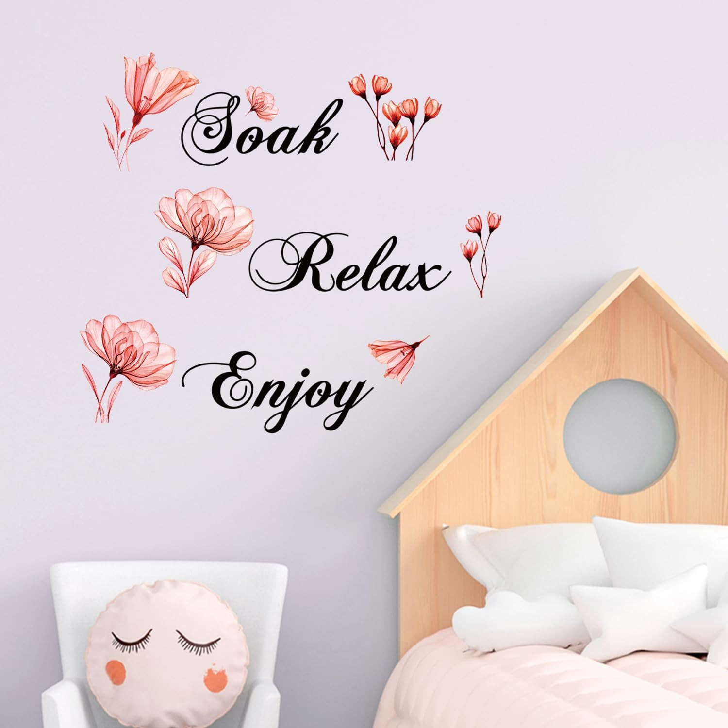 Soak Relax Enjoy Wall Sticker Red Flower Butterfly Peel and Stick Wall Art Decor