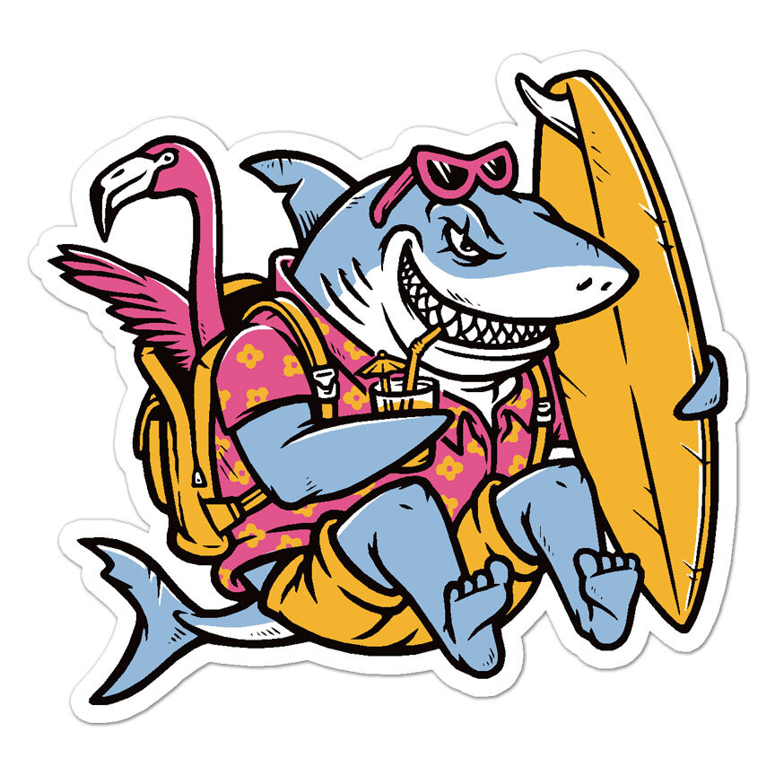 Surf Flamingo Shark, Vinyl Decal Sticker, Indoor Outdoor, 3 Sizes, #9917