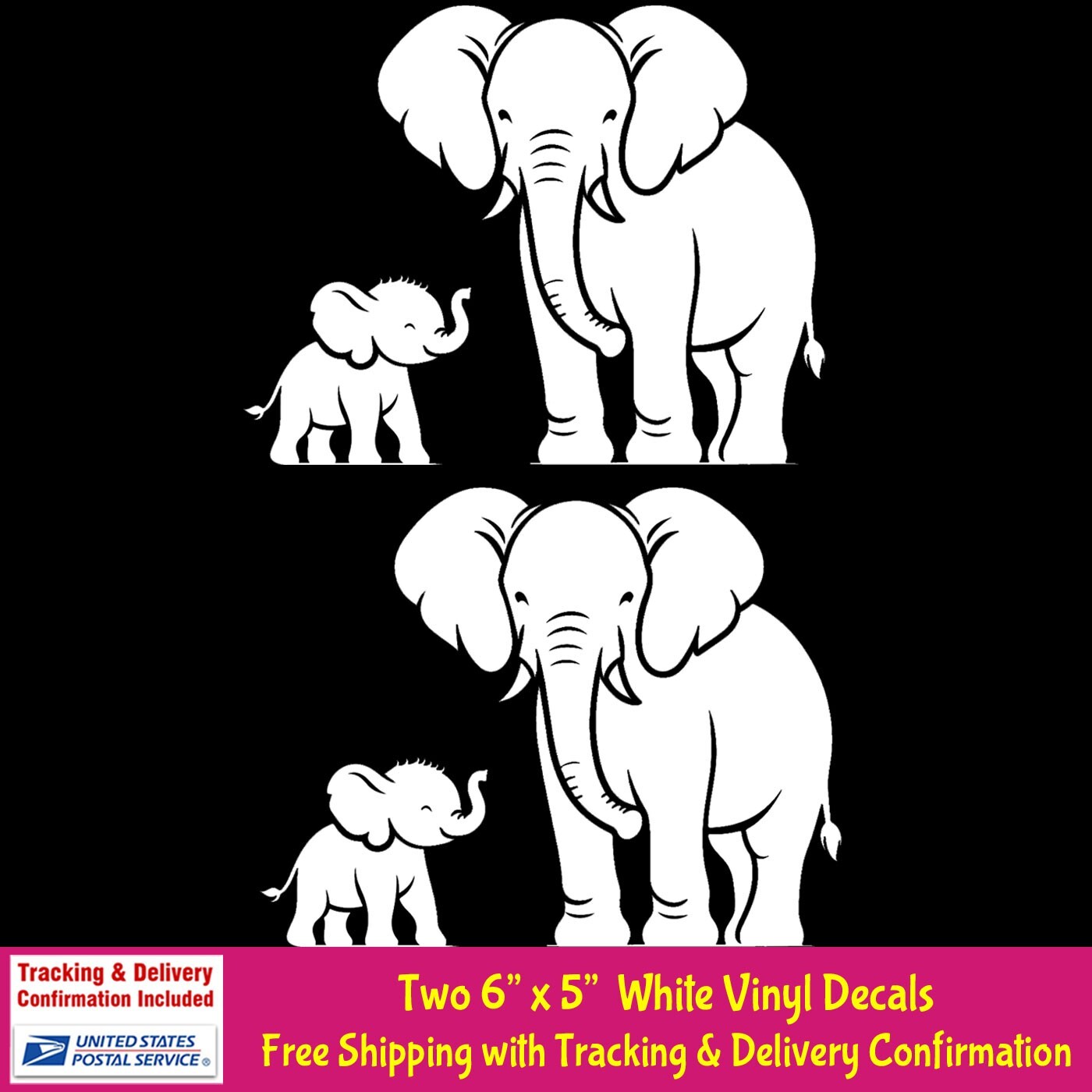 Mom & Baby Elephant TWO 6" x 5" White Vinyl Decals Car Truck Laptop Window