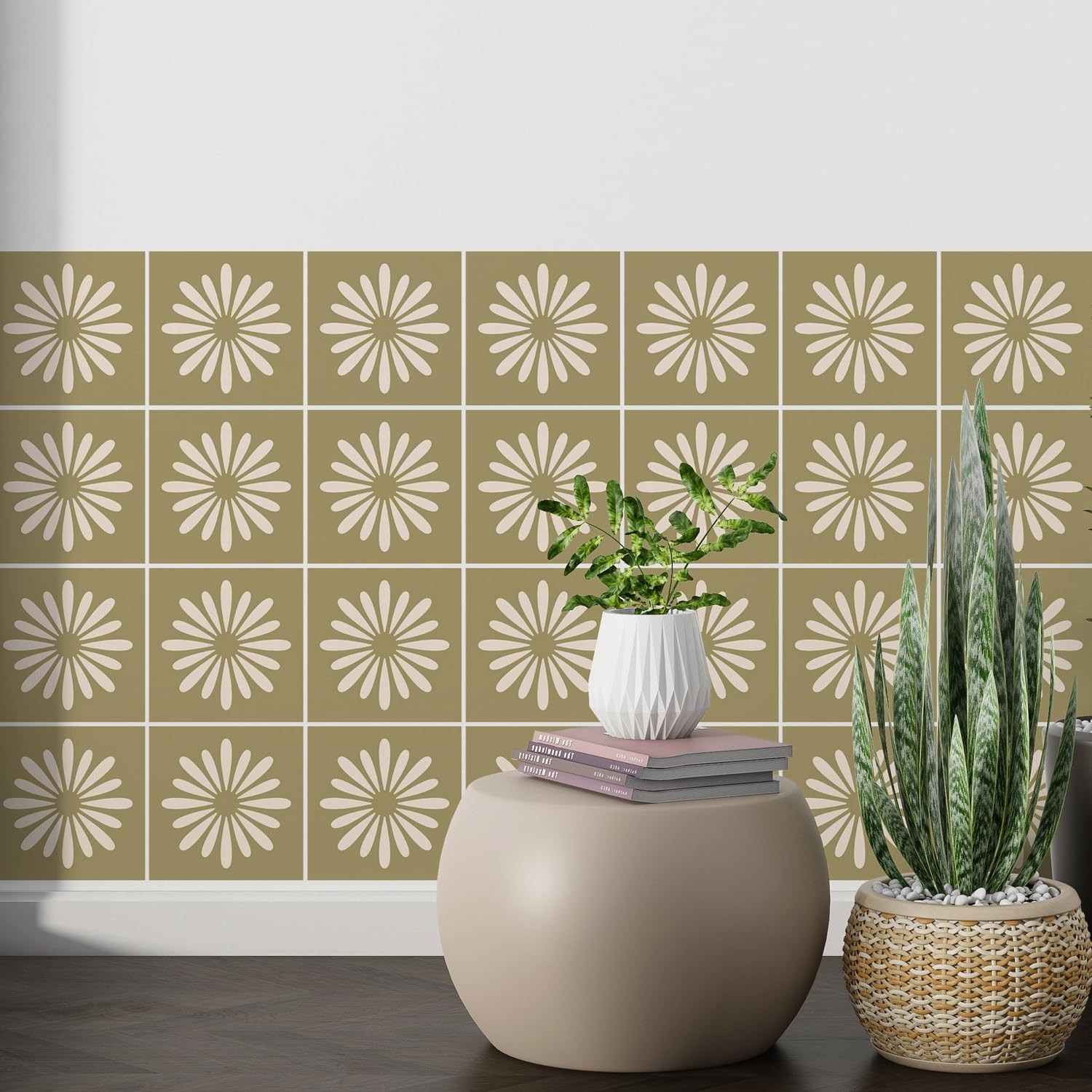 30 Pack, 4×4 Inch Sage Green Tile Decals, Mid-Century Modern Floral Peel and …